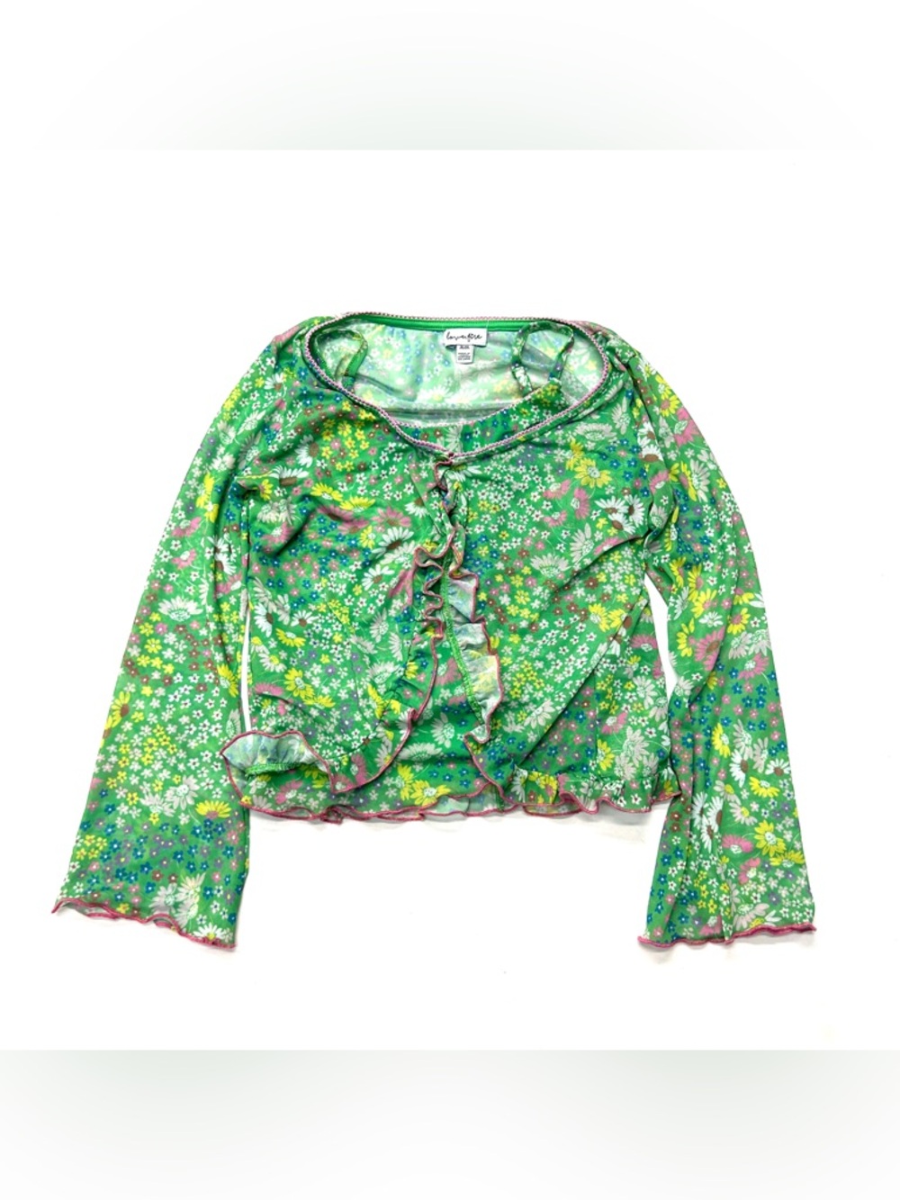 Love, Fire Floral Ruffle Mesh Tank Top & Wrap Set In Green Ditsy